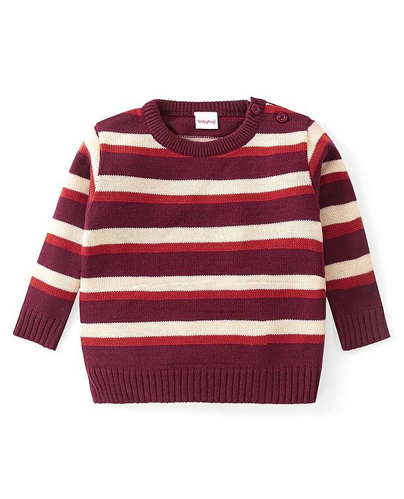 Babyhug Knitted Full Sleeves Sweater Set with Stripes - Maroon