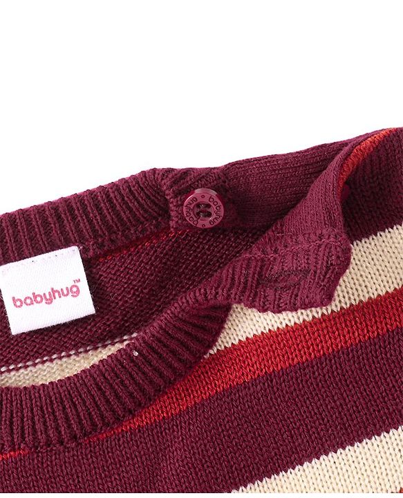 Babyhug Knitted Full Sleeves Sweater Set with Stripes - Maroon