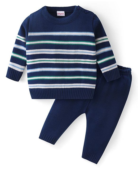 Babyhug Knitted Full Sleeves Striped Pullover Sweater Set - Navy Blue Green & White