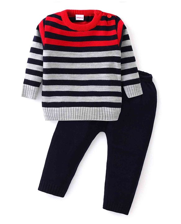 Babyhug Knit Full Sleeves Sweater Set With Stripes - Multicolour