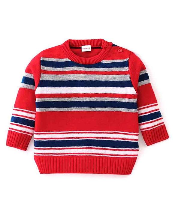 Babyhug Knit Full Sleeves Sweater Set With Stripes - Red