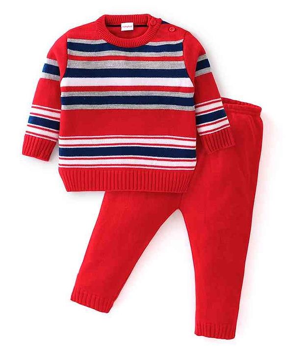 Babyhug Knit Full Sleeves Sweater Set With Stripes - Red