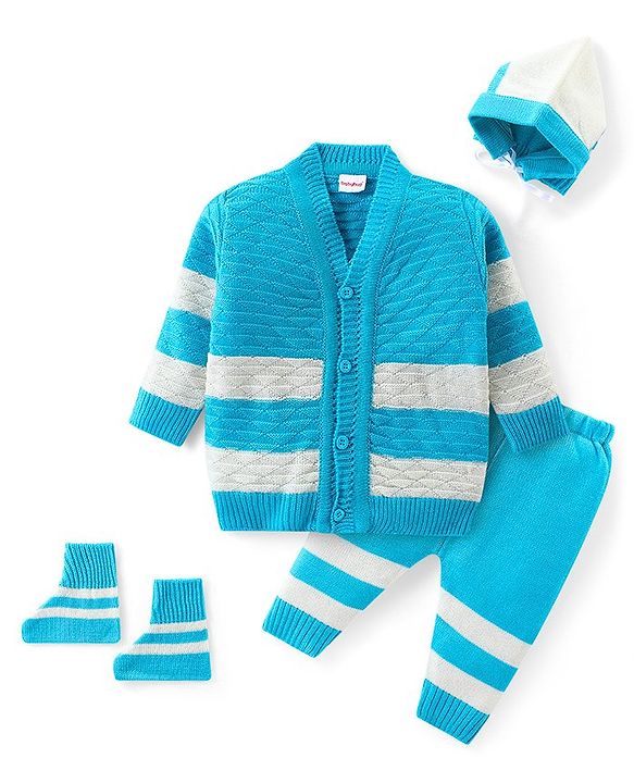 Babyhug Knit Full Sleeves Striped Sweater Set with Cap & Socks - White & Blue