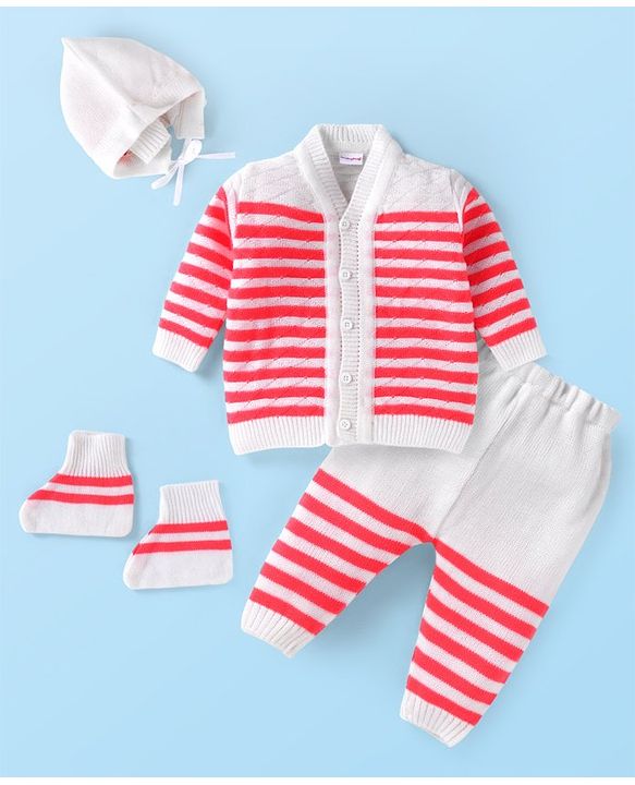 Babyhug Knitted Full Sleeves Striped Front Open Sweater Set with Pair of Booties & Cap - Red & White