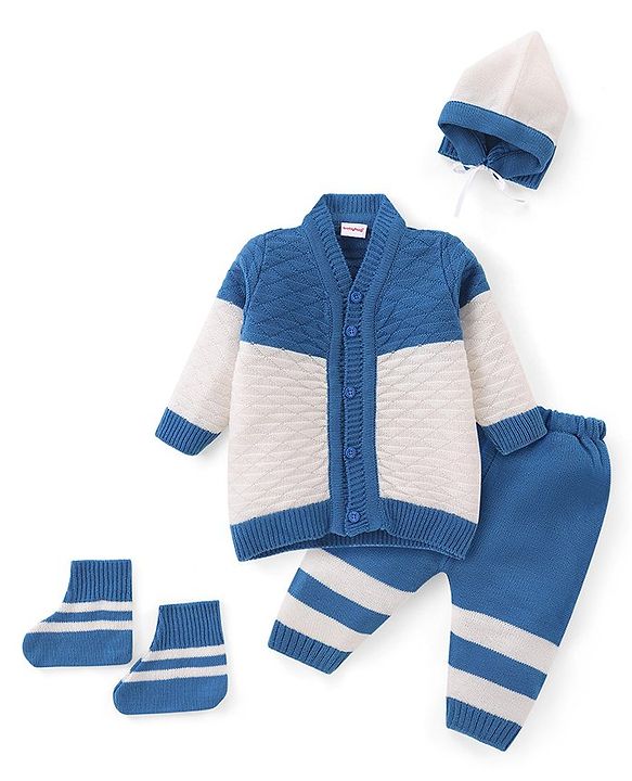 Babyhug Knitted Full Sleeves Front Open Striped Sweater Set with Cap & Pair of Booties - Blue & White