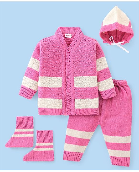 Babyhug Knit Full Sleeves Front Open Sweater & Pant Set with Cap and Booties Stripes Design - Pink
