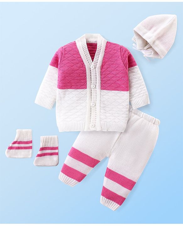 Babyhug Knit Full Sleeves Colour Blocked Sweater Set with Cap & Socks - White & Pink