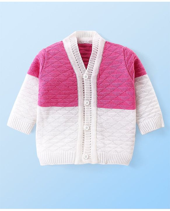 Babyhug Knit Full Sleeves Colour Blocked Sweater Set with Cap & Socks - White & Pink