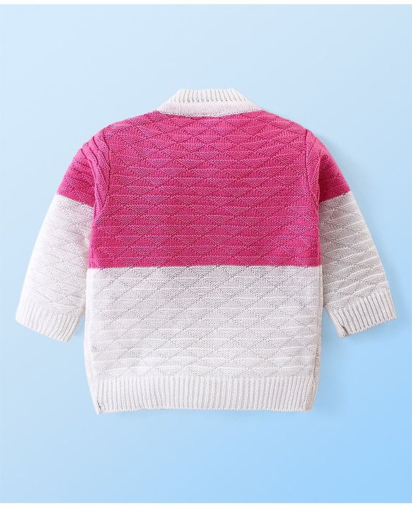 Babyhug Knit Full Sleeves Colour Blocked Sweater Set with Cap & Socks - White & Pink