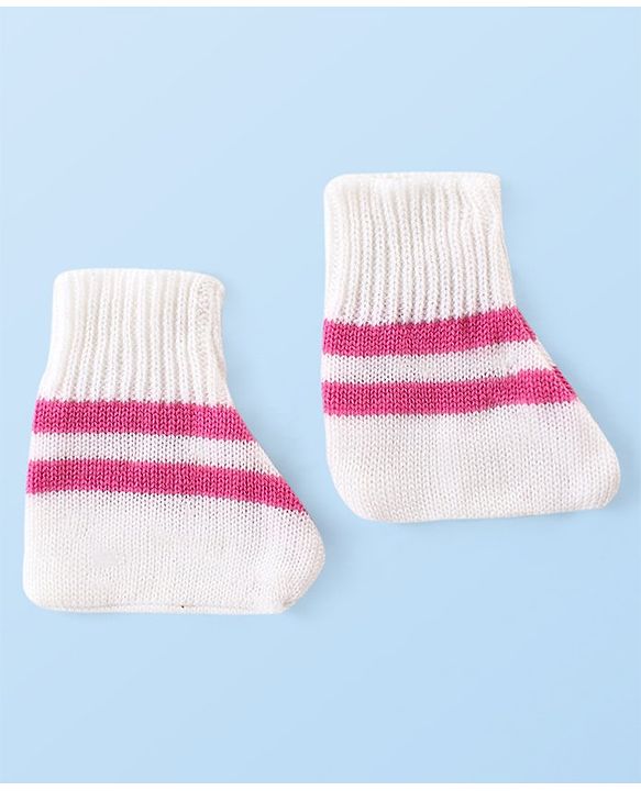 Babyhug Knit Full Sleeves Colour Blocked Sweater Set with Cap & Socks - White & Pink
