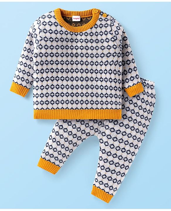 Babyhug Knitted Full Sleeves Sweater Set With Chevron Design - White