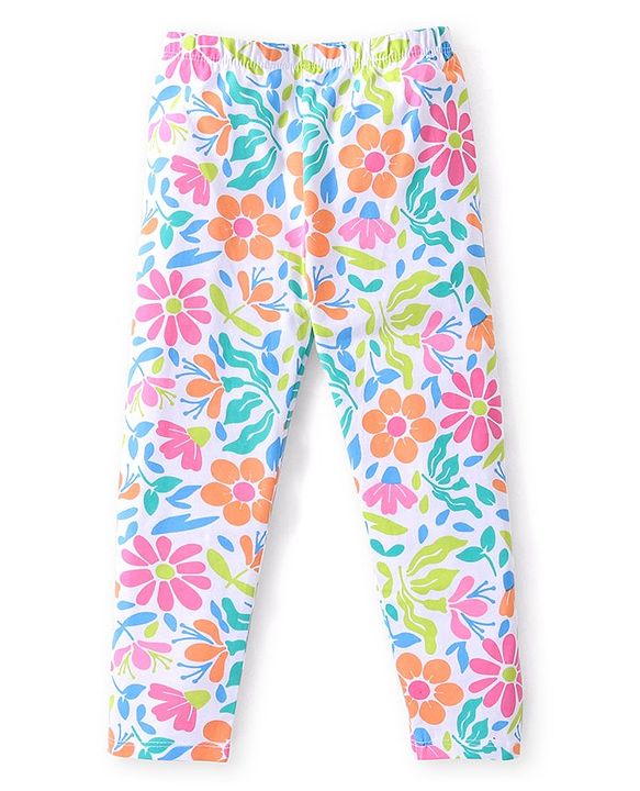 Babyhug Cotton Lycra Knit Full Length Leggings with Floral Polka Dots & Text Print Pack of 3 - Pink & Blue