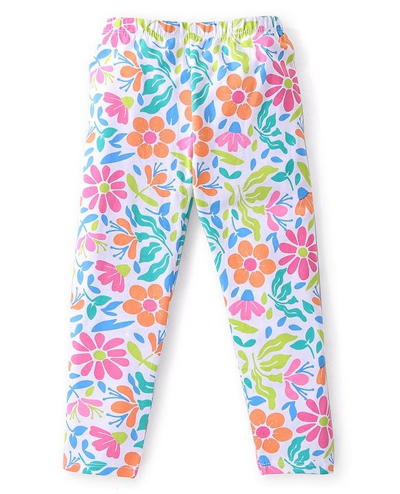 Babyhug Cotton Lycra Knit Full Length Leggings with Floral Polka Dots & Text Print Pack of 3 - Pink & Blue