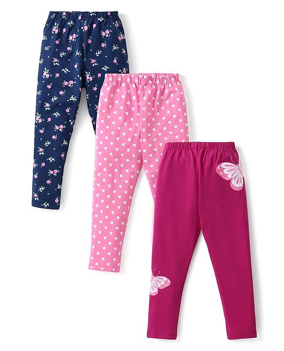 Babyhug Cotton Lycra Knit Full Length Stretchable Leggings with Polka Dots & Floral Print Pack of 3 - Multicolour