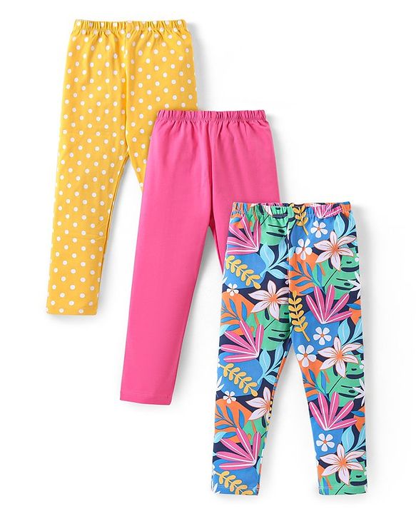 Babyhug Cotton Lycra Knit Full Length Leggings Tropical & Polka Dots Print Pack of 3 - Multicolour