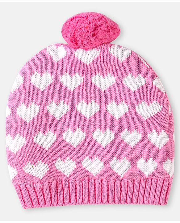 Babyhug 100% Organic Woollen Cap & Mittens With Pom Pom Applique & Heart Design Pink - Diameter 11 cm