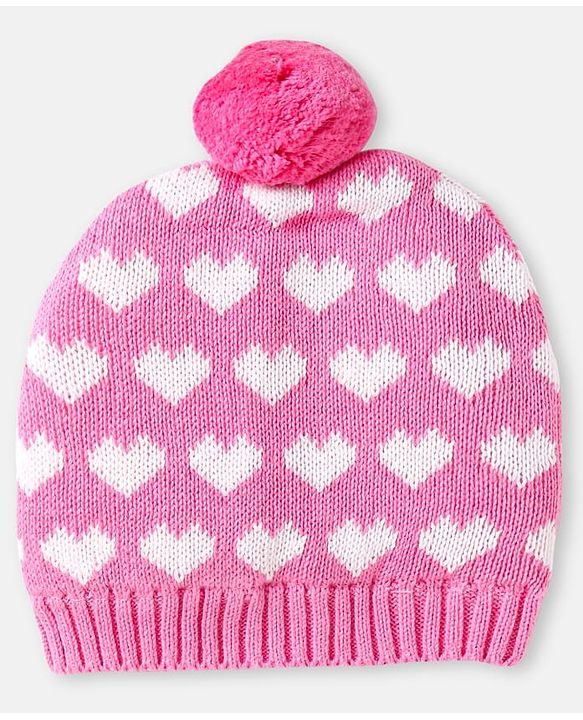 Babyhug 100% Organic Woollen Cap & Mittens With Pom Pom Applique & Heart Design Pink - Diameter 11 cm