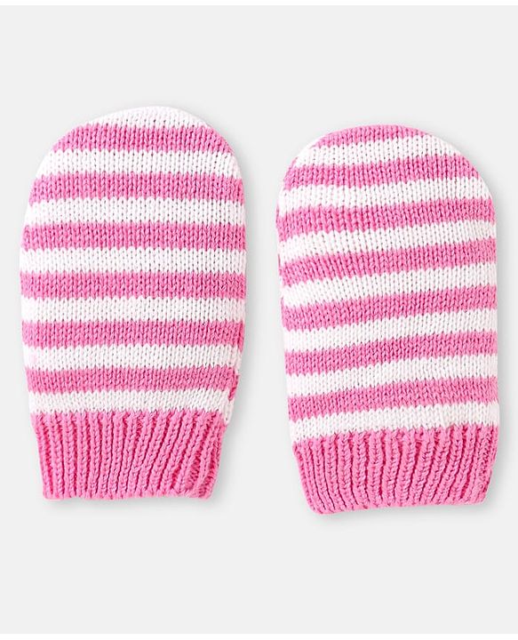 Babyhug 100% Organic Woollen Cap & Mittens With Pom Pom Applique & Heart Design Pink - Diameter 11 cm