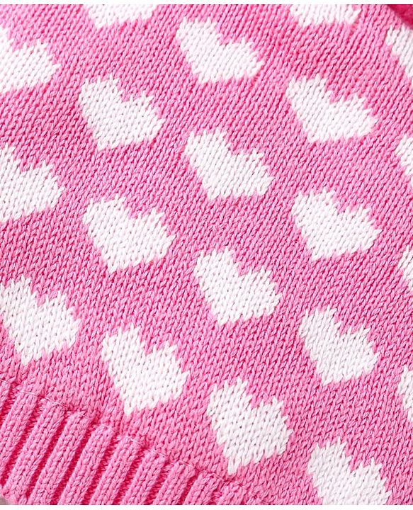 Babyhug 100% Organic Woollen Cap & Mittens With Pom Pom Applique & Heart Design Pink - Diameter 11 cm