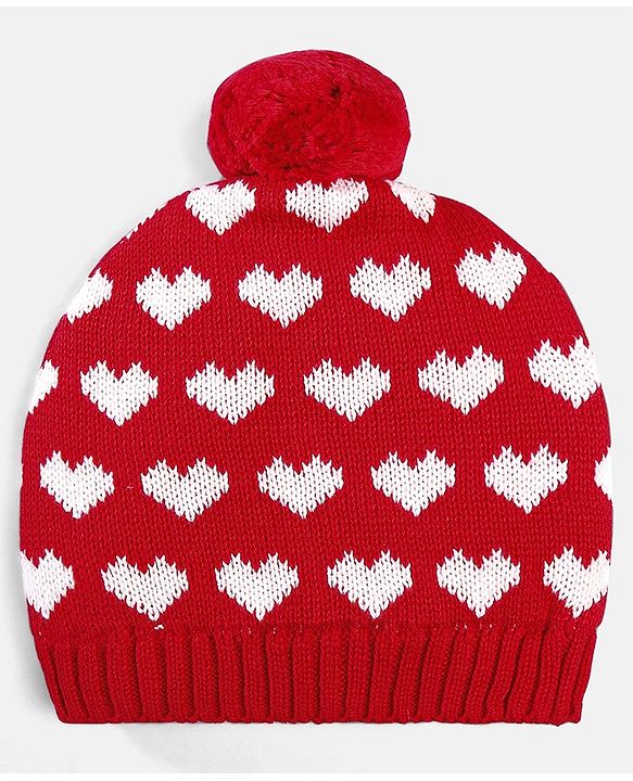 Babyhug 100% Cotton Organic Woollen Caps With Mittens Heart Print - Red & White