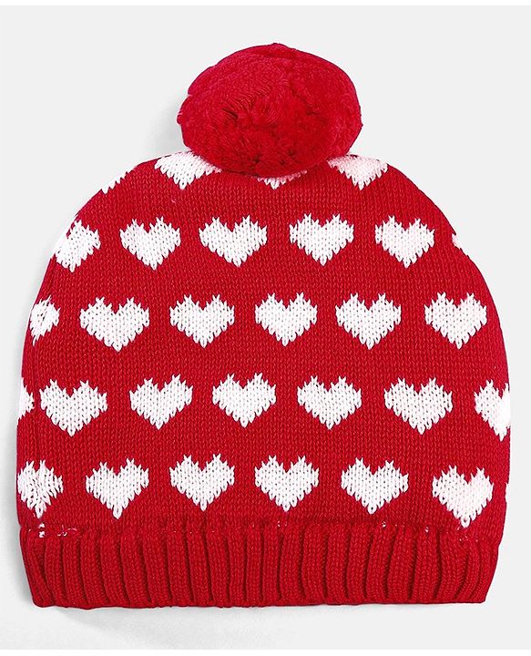 Babyhug 100% Cotton Organic Woollen Caps With Mittens Heart Print - Red & White