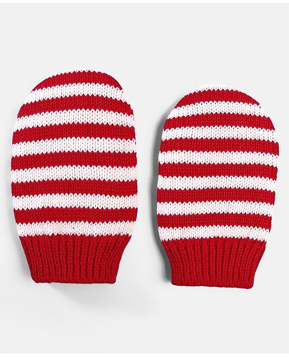 Babyhug 100% Cotton Organic Woollen Caps With Mittens Heart Print - Red & White