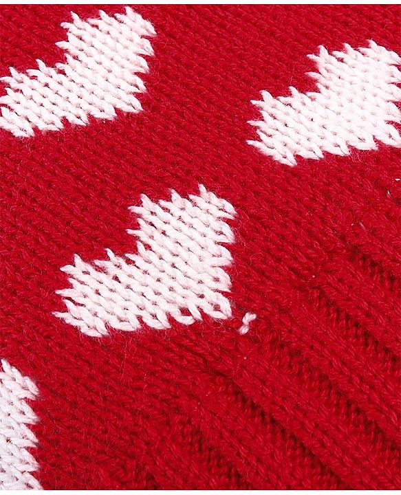 Babyhug 100% Cotton Organic Woollen Caps With Mittens Heart Print - Red & White