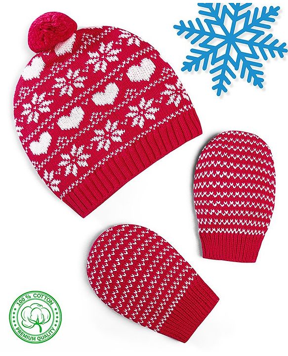 Babyhug 100% Cotton Organic Woollen Caps With Mittens Heart Print - Red & White