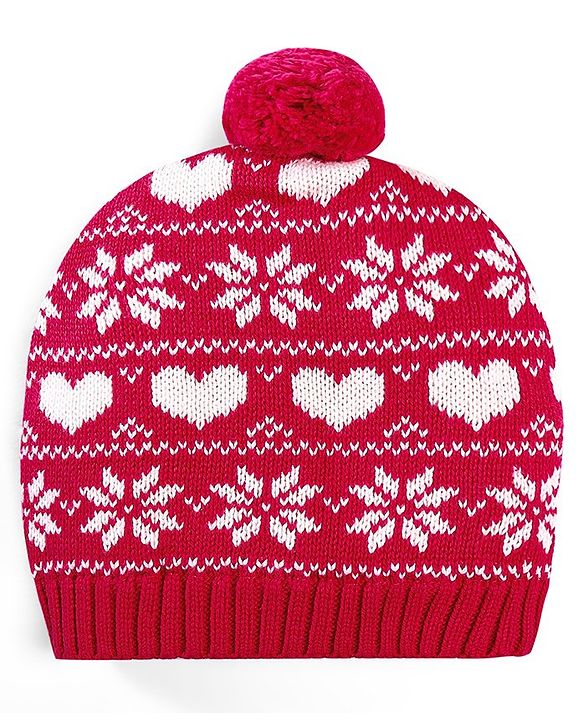 Babyhug 100% Cotton Organic Woollen Caps With Mittens Heart Print - Red & White