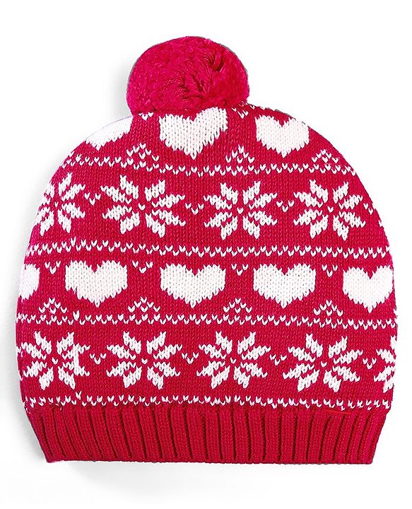 Babyhug 100% Cotton Organic Woollen Caps With Mittens Heart Print - Red & White