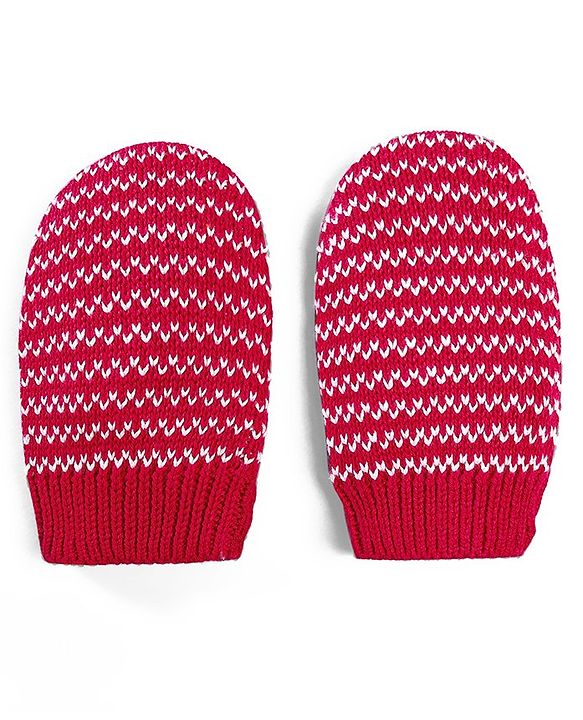 Babyhug 100% Cotton Organic Woollen Caps With Mittens Heart Print - Red & White