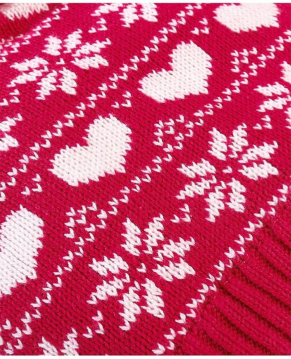 Babyhug 100% Cotton Organic Woollen Caps With Mittens Heart Print - Red & White