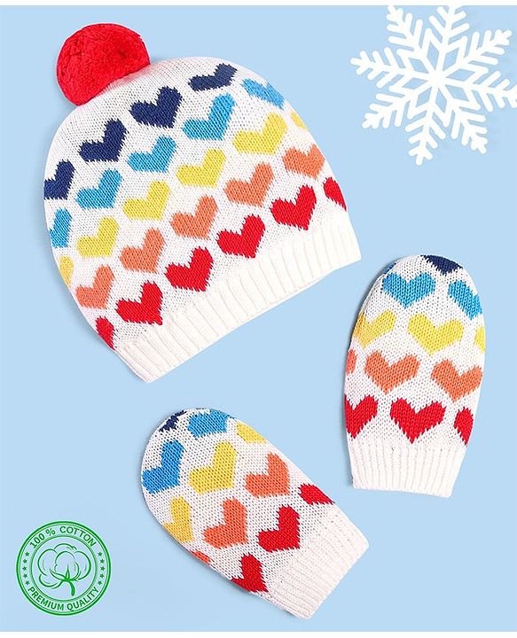 Babyhug 100% Cotton Organic Woollen Caps With Mittens Heart Print - Red & White
