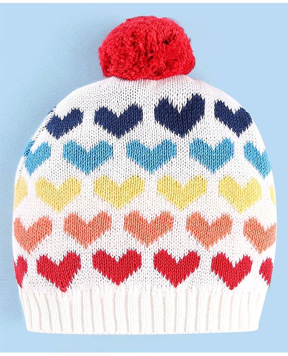 Babyhug 100% Cotton Organic Woollen Caps With Mittens Heart Print - Red & White