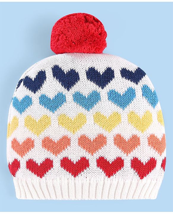 Babyhug 100% Cotton Organic Woollen Caps With Mittens Heart Print - Red & White