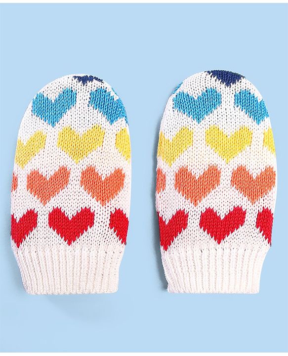 Babyhug 100% Cotton Organic Woollen Caps With Mittens Heart Print - Red & White