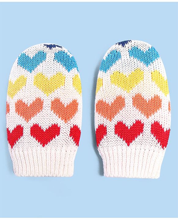 Babyhug 100% Cotton Organic Woollen Caps With Mittens Heart Print - Red & White