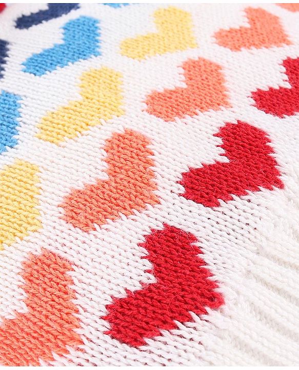 Babyhug 100% Cotton Organic Woollen Caps With Mittens Heart Print - Red & White