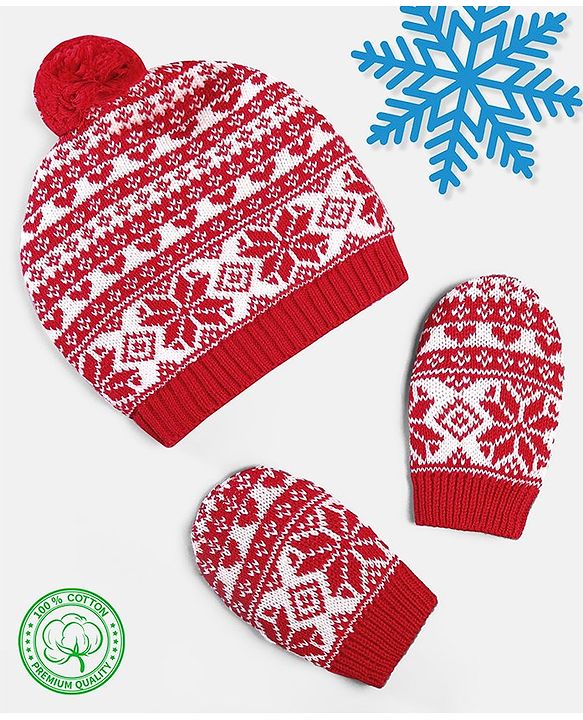 Babyhug 100% Cotton Organic Woollen Caps With Mittens Intarsia Design - Red & White