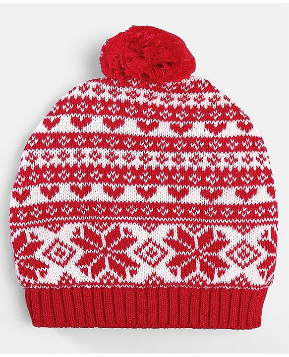 Babyhug 100% Cotton Organic Woollen Caps With Mittens Intarsia Design - Red & White
