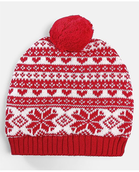 Babyhug 100% Cotton Organic Woollen Caps With Mittens Intarsia Design - Red & White
