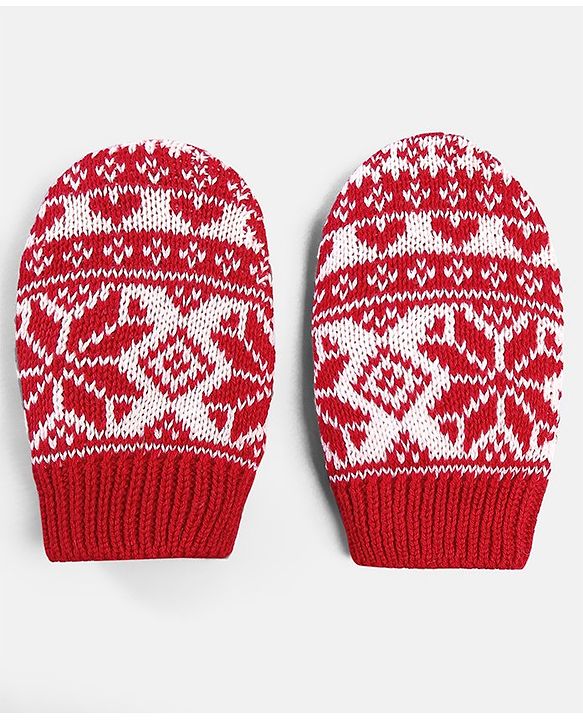 Babyhug 100% Cotton Organic Woollen Caps With Mittens Intarsia Design - Red & White