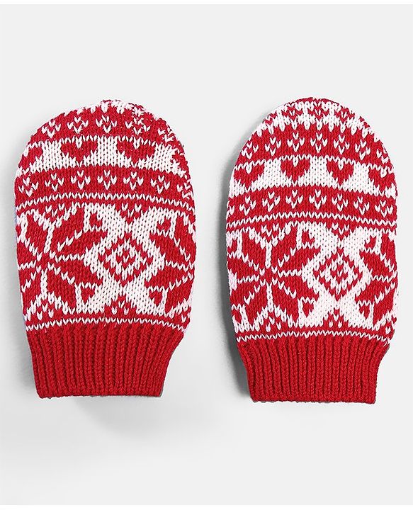 Babyhug 100% Cotton Organic Woollen Caps With Mittens Intarsia Design - Red & White