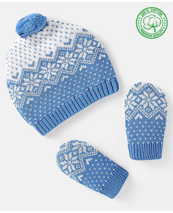 Babyhug 100% Organic Woollen Cap & Mittens With Pom Pom Applique & Floral Design Blue - Diameter 10 cm