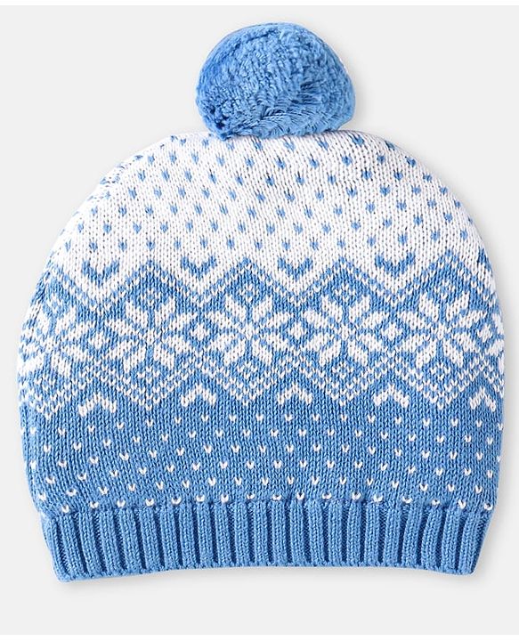 Babyhug 100% Organic Woollen Cap & Mittens With Pom Pom Applique & Floral Design Blue - Diameter 10 cm
