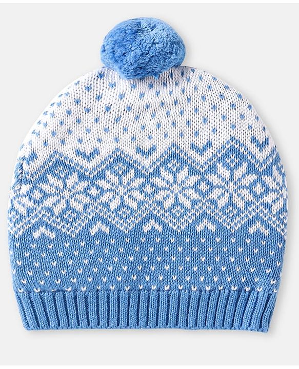 Babyhug 100% Organic Woollen Cap & Mittens With Pom Pom Applique & Floral Design Blue - Diameter 10 cm