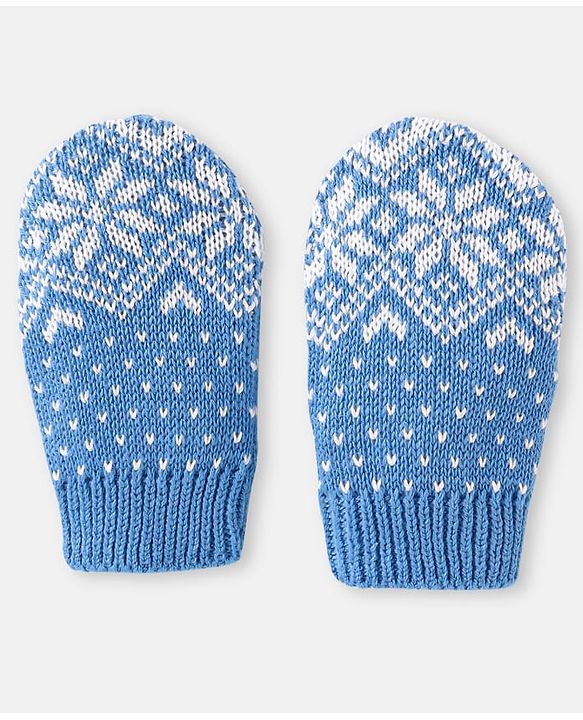 Babyhug 100% Organic Woollen Cap & Mittens With Pom Pom Applique & Floral Design Blue - Diameter 10 cm