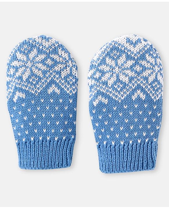 Babyhug 100% Organic Woollen Cap & Mittens With Pom Pom Applique & Floral Design Blue - Diameter 10 cm