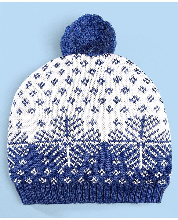 Babyhug 100% Cotton Organic Woollen Caps With Mittens Snow Print - Blue & White