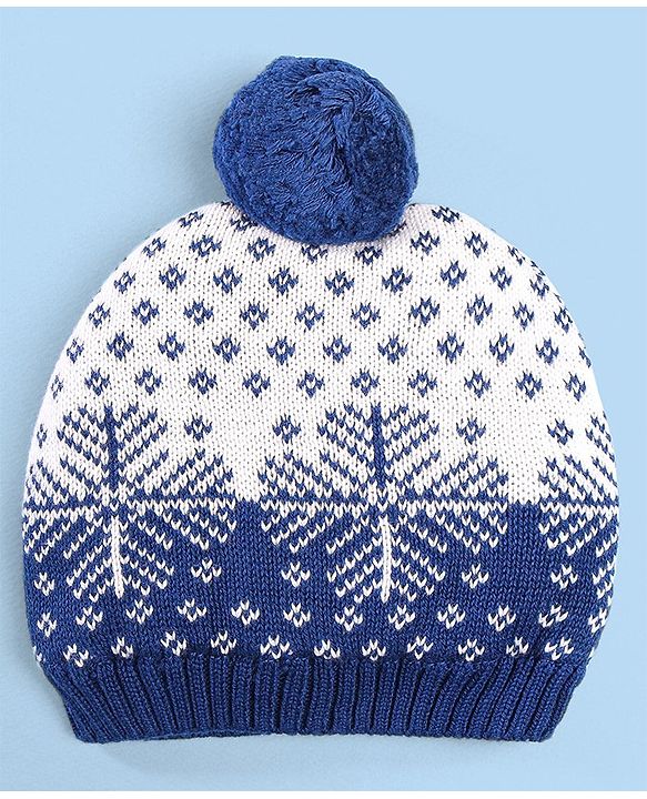 Babyhug 100% Cotton Organic Woollen Caps With Mittens Snow Print - Blue & White